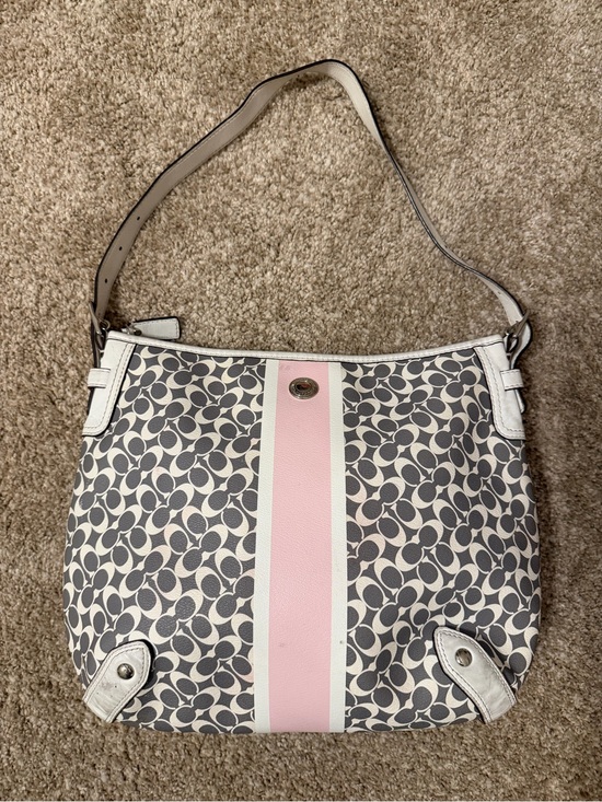 Coach Handbags - Coach Signature Stripe Hobo Shoulder Bag – Gray/White Monogram with Pink Stripe